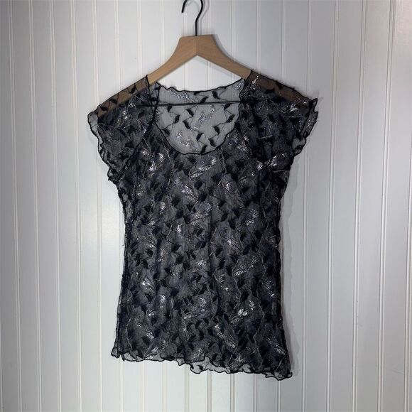 Alvoru Black Sheer Glitter Mesh Floral Tee USA Made Y2K Festival Top S Fairycore - Picture 3 of 7
